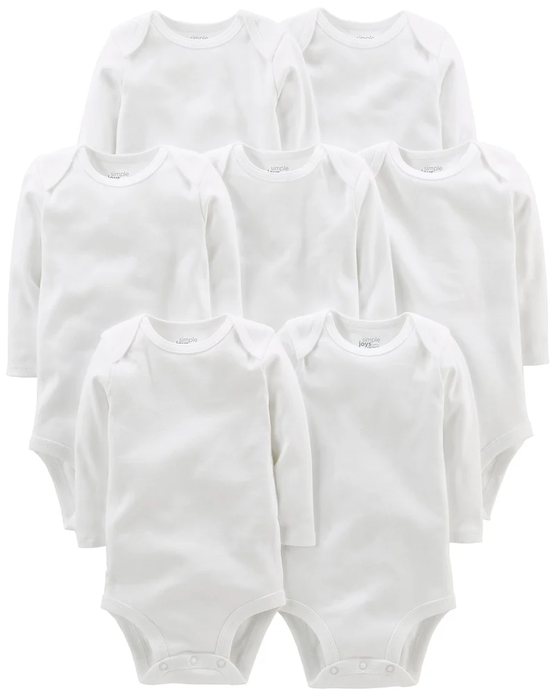 Simple Joys by Carter's Body a Maniche Lunghe Unisex Bimbi, Pacco da 7, Bianco, 0-3 mesi
