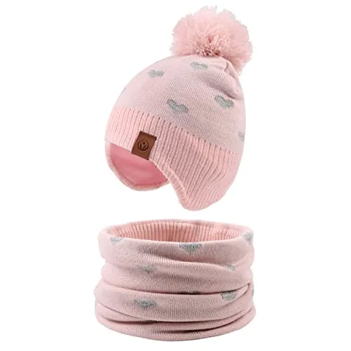 XIAOHAWANG Bambino e Bambina Cappello Lavorato A Maglia Inverno Caldo Berretto per Bambini Autunno A Prova di Vento 0-7 Anni, Rosa Cuore (Cappello+Sciarpa, 4-7 Anni)