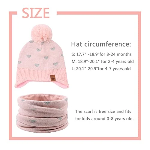 XIAOHAWANG Bambino e Bambina Cappello Lavorato A Maglia Inverno Caldo Berretto per Bambini Autunno A Prova di Vento 0-7 Anni, Rosa Cuore (Cappello+Sciarpa, 4-7 Anni)