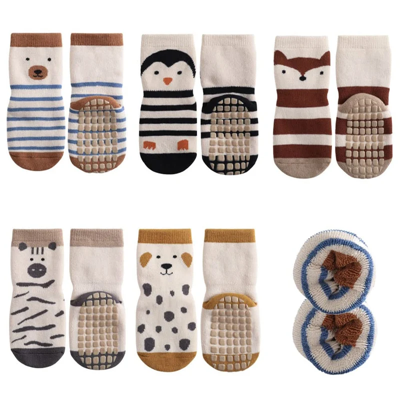 FedMois 5 paia calzini antiscivolo invernali termici in cotone bimbi bambini, pinguino, 0-1 anno