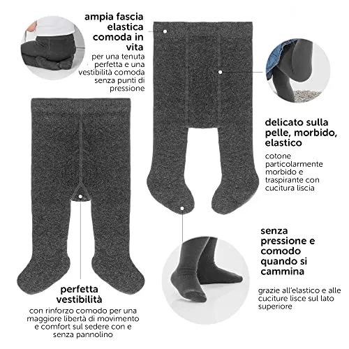 LaLoona - Set 2 paia calze bambina collant, calzamaglia bimba bimbo elasticizzati, ampio elastico alto in cotone (86-92, Grigio Scuro)
