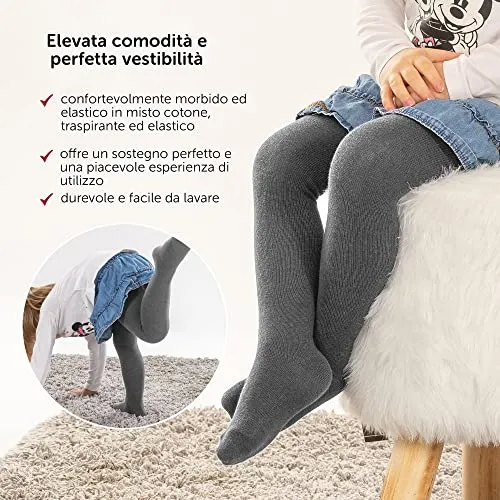 LaLoona - Set 2 paia calze bambina collant, calzamaglia bimba bimbo elasticizzati, ampio elastico alto in cotone (86-92, Grigio Scuro)