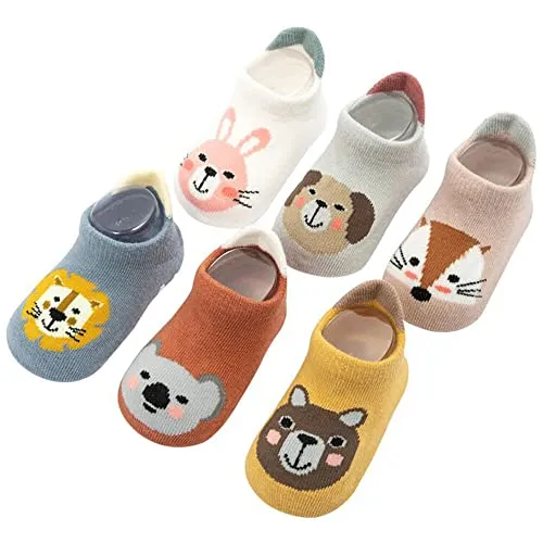 FedMois 6 paia calzini antiscivolo in cotone bimbi bambini motivi animali, Multicolore, 1-3 anni