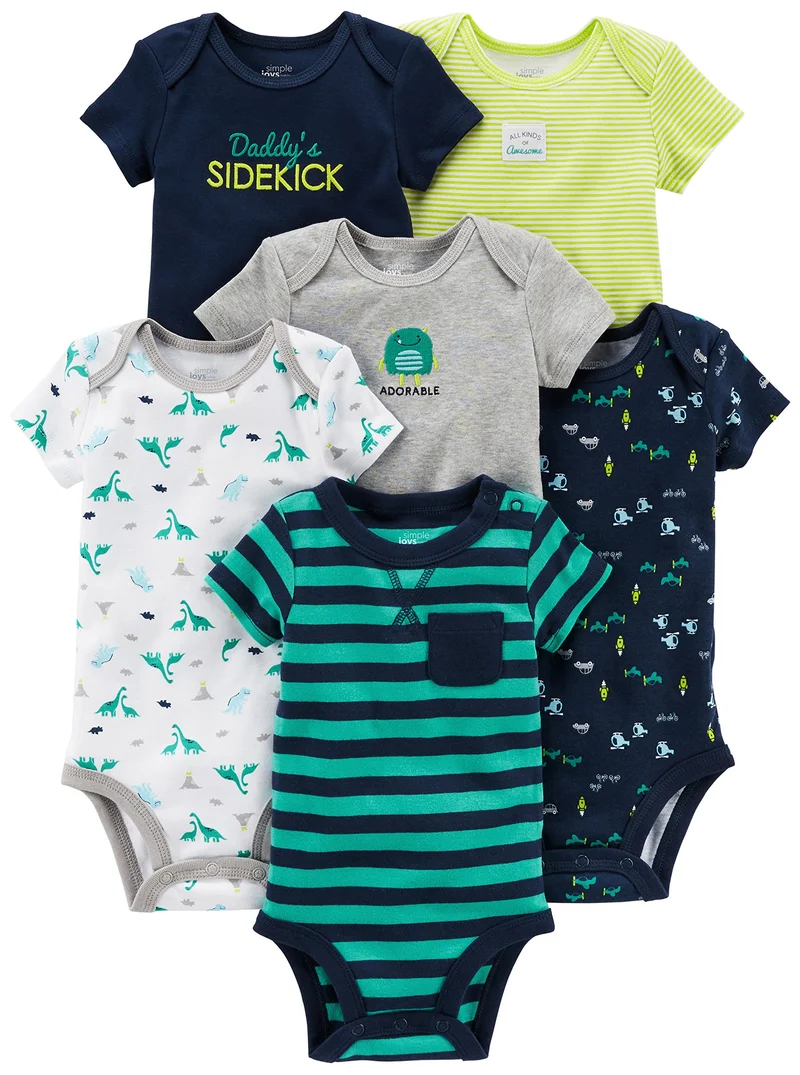 Simple Joys by Carter's Short Sleeve Bodysuit Body, Multicolore/Auto/Dinosauri/Righe, 24 Mesi (Pacco da 6) Bimbo