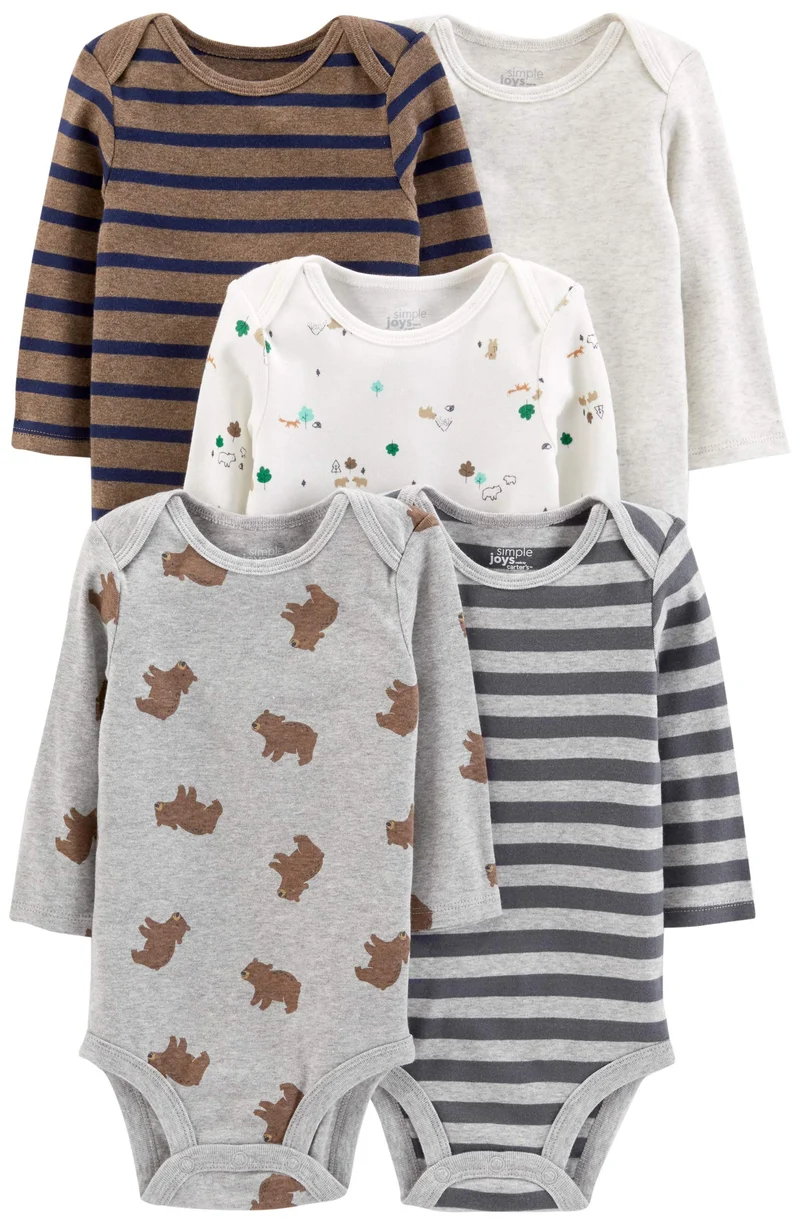 Simple Joys by Carter's Long-Sleeve Bodysuit Pack of 5 Body, Animali della Foresta/Orsi/Righe, 24 Mesi (Pacco da 5) Unisex-Bimbi