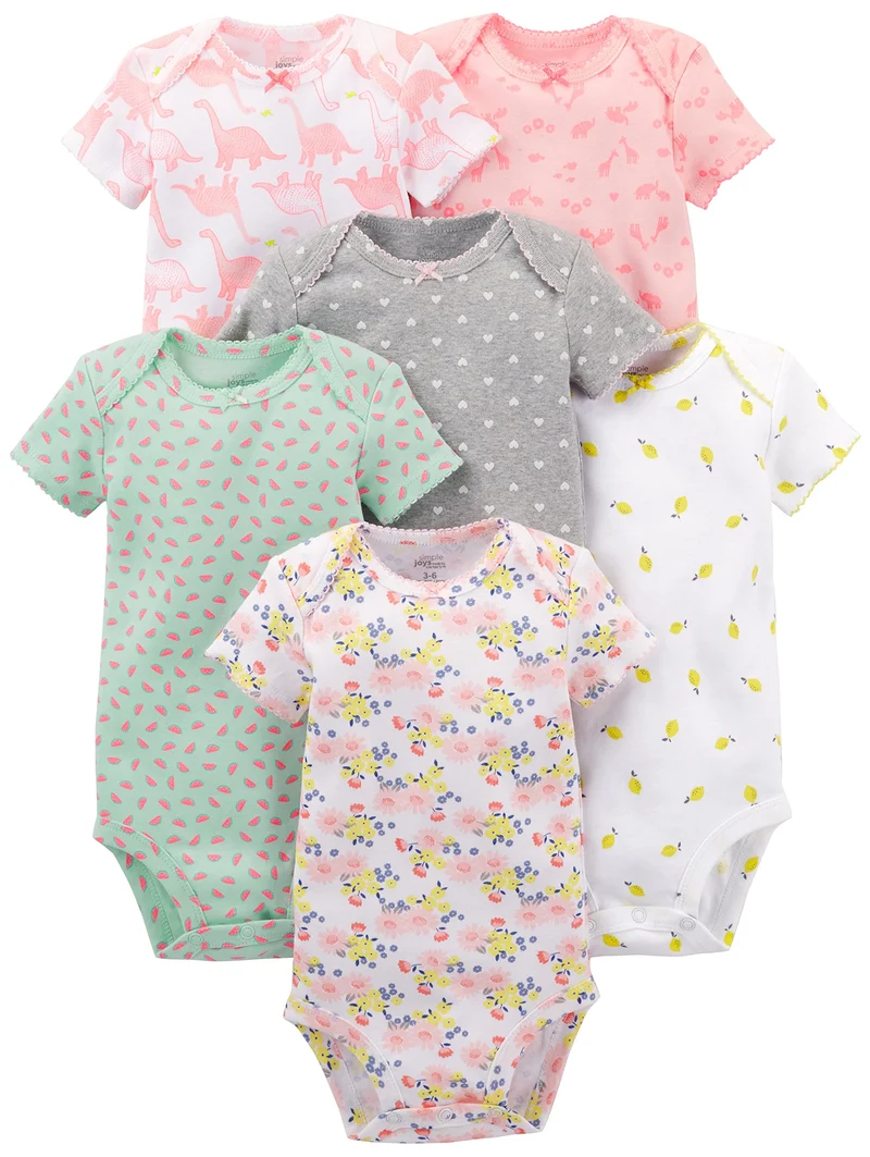 Simple Joys by Carter's 6-Pack Short-Sleeve Bodysuit Body, Multicolore/Animali della Foresta/Cuori/Dinosauri/Floreale/Frutta, 24 Mesi (Pacco da 6) Bimba