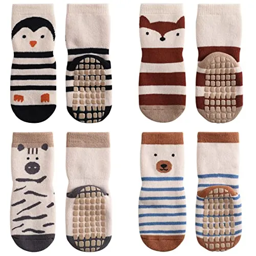 Simpeak 4 Paia Calzini Antiscivolo Bambino Cotone Bimbi Bambini, Primavera e Autunno Sottile Neonato Calze para 0-1 Anni Bambino, Carino Zebra Volpe Pinguino Orso Pattern, S
