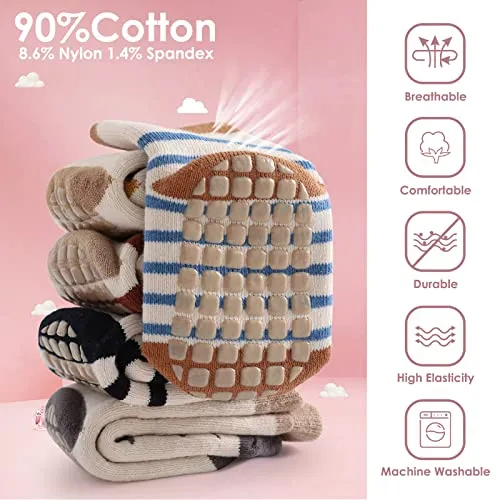 Simpeak 4 Paia Calzini Antiscivolo Bambino Cotone Bimbi Bambini, Primavera e Autunno Sottile Neonato Calze para 0-1 Anni Bambino, Carino Zebra Volpe Pinguino Orso Pattern, S