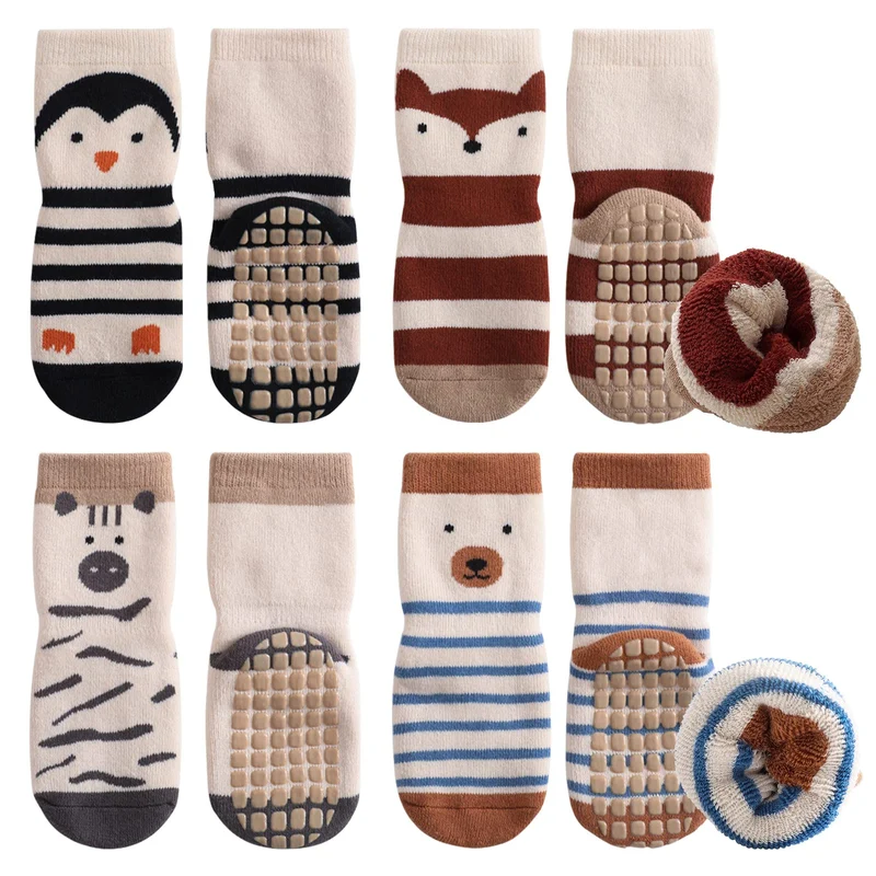 Simpeak 4 Paia Calzini Antiscivolo Bambino Cotone Bimbi Bambini, Invernali Addensare Neonato Calze para 1-3 Anni Bambino, Carino Zebra Volpe Pinguino Orso Pattern, M