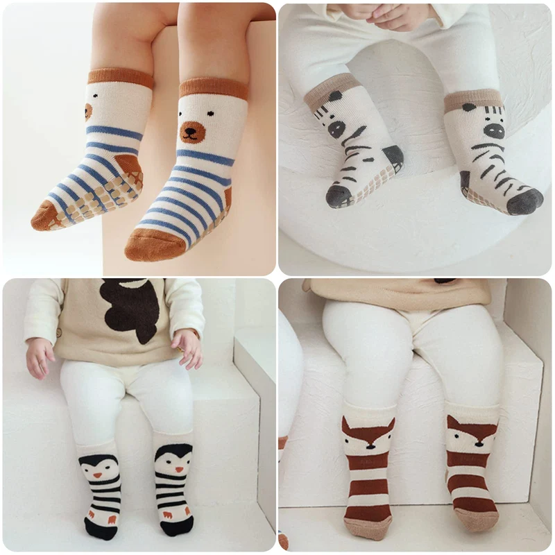 Simpeak 4 Paia Calzini Antiscivolo Bambino Cotone Bimbi Bambini, Invernali Addensare Neonato Calze para 1-3 Anni Bambino, Carino Zebra Volpe Pinguino Orso Pattern, M