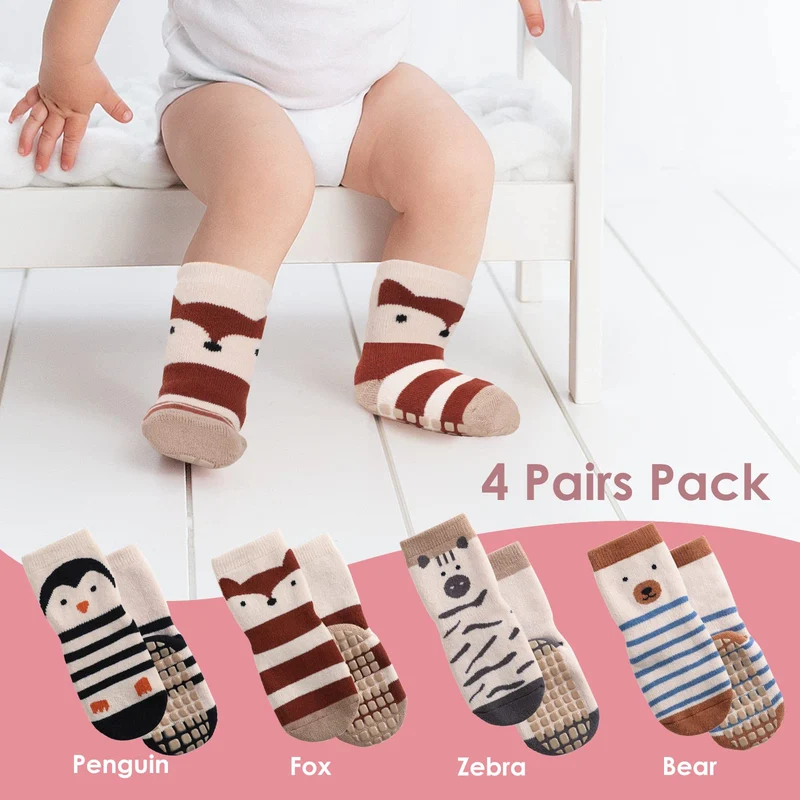 Simpeak 4 Paia Calzini Antiscivolo Bambino Cotone Bimbi Bambini, Invernali Addensare Neonato Calze para 1-3 Anni Bambino, Carino Zebra Volpe Pinguino Orso Pattern, M