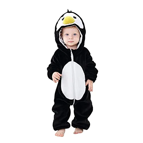 DEBAIJIA Bambino Flanella Pagliaccetto con Cappuccio 0-36M Inverno Tutina Animale Carino Jumpsuit Ragazzi Ragazze Pigiama (Nero-80)