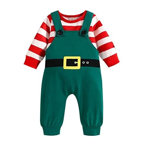 Geagodelia Tutina Neonato Natale Set di Tutine Natalizie per Neonati Tuta a Maniche Lunghe a Girocollo a Righe Pagliaccetto Bambino Senza Piedini Pigiama Baby Rosso (Verde, 0-3 Mesi)
