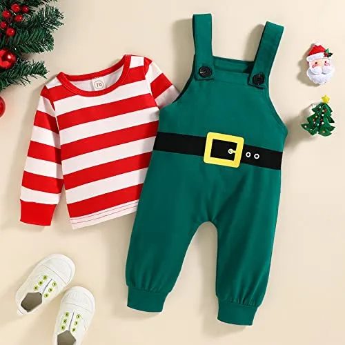 Geagodelia Tutina Neonato Natale Set di Tutine Natalizie per Neonati Tuta a Maniche Lunghe a Girocollo a Righe Pagliaccetto Bambino Senza Piedini Pigiama Baby Rosso (Verde, 0-3 Mesi)