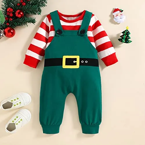 Geagodelia Tutina Neonato Natale Set di Tutine Natalizie per Neonati Tuta a Maniche Lunghe a Girocollo a Righe Pagliaccetto Bambino Senza Piedini Pigiama Baby Rosso (Verde, 0-3 Mesi)