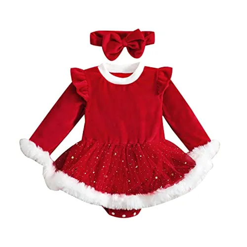 Geagodelia 2 Pezzi Completo Neonata di Natale Tutina Baby Girls Abito Rosso con Manica Lunga+ Fascia con Fiocco Abito Natalizio per Bambina 0-24 Mesi (Rosso A, 6-12 Mesi)