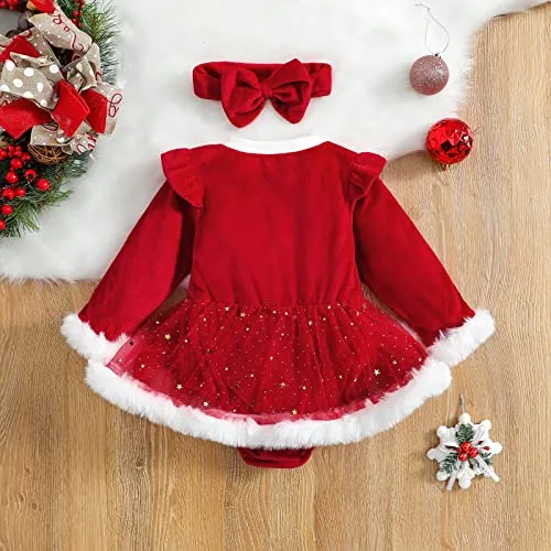 Geagodelia 2 Pezzi Completo Neonata di Natale Tutina Baby Girls Abito Rosso con Manica Lunga+ Fascia con Fiocco Abito Natalizio per Bambina 0-24 Mesi (Rosso A, 6-12 Mesi)