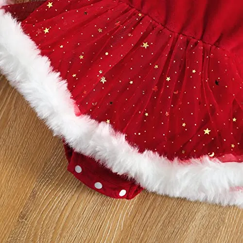 Geagodelia 2 Pezzi Completo Neonata di Natale Tutina Baby Girls Abito Rosso con Manica Lunga+ Fascia con Fiocco Abito Natalizio per Bambina 0-24 Mesi (Rosso A, 6-12 Mesi)