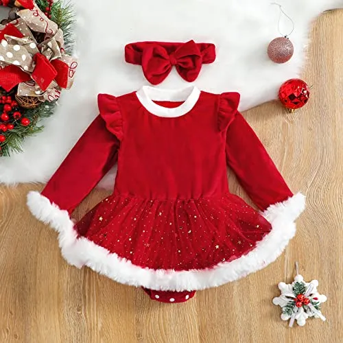 Geagodelia 2 Pezzi Completo Neonata di Natale Tutina Baby Girls Abito Rosso con Manica Lunga+ Fascia con Fiocco Abito Natalizio per Bambina 0-24 Mesi (Rosso A, 6-12 Mesi)