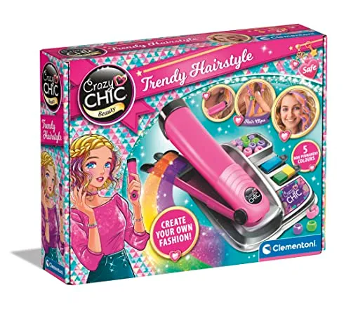 Clementoni- Crazy Chic-Trendy Hairstyle-Piastra con Colore per Decorazione Capelli, Gesso Pettine, Gioco Creativo Bambina 6 Anni, Multilingua, 18750