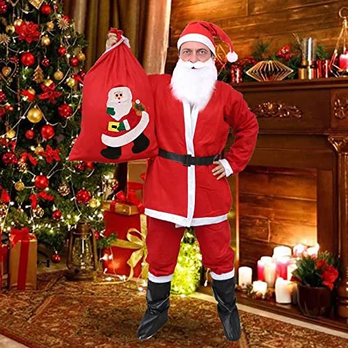 Costume Completo Babbo Natale, 7 Pezzi Costume Babbo Natale Uomo Resistente e Comodo da Indossare| Vestito Babbo Natale, Costume di Natale, Festa.