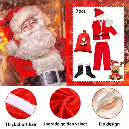 Costume Completo Babbo Natale, 7 Pezzi Costume Babbo Natale Uomo Resistente e Comodo da Indossare| Vestito Babbo Natale, Costume di Natale, Festa.