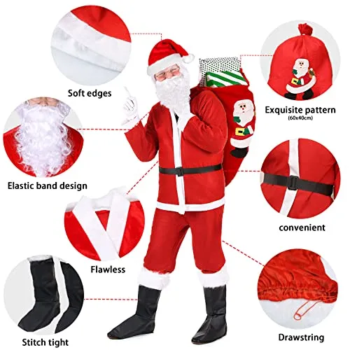 Costume Completo Babbo Natale, 7 Pezzi Costume Babbo Natale Uomo Resistente e Comodo da Indossare| Vestito Babbo Natale, Costume di Natale, Festa.
