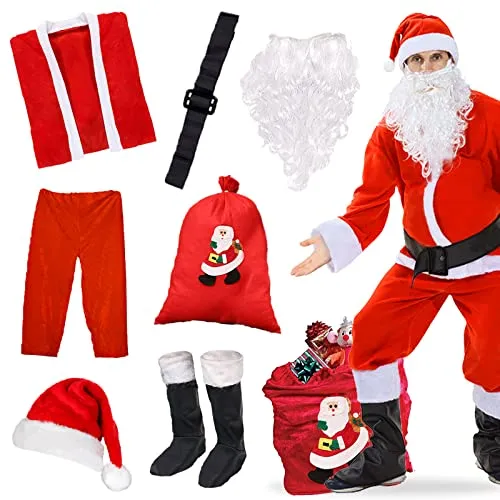 Costume Completo Babbo Natale, 7 Pezzi Costume Babbo Natale Uomo Resistente e Comodo da Indossare| Vestito Babbo Natale, Costume di Natale, Festa.