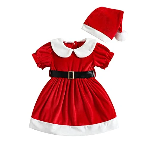 Loalirando Completo Bambina Invernale Abito di Natale Bambina Neonata Natalizio Vestiti Bambina Invernali con Cintura+Cappello di Natale per Bambini (Rosso, 6-12 Mesi)