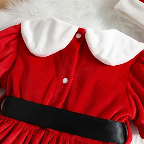Loalirando Completo Bambina Invernale Abito di Natale Bambina Neonata Natalizio Vestiti Bambina Invernali con Cintura+Cappello di Natale per Bambini (Rosso, 6-12 Mesi)