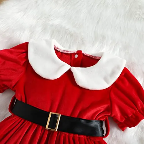 Loalirando Completo Bambina Invernale Abito di Natale Bambina Neonata Natalizio Vestiti Bambina Invernali con Cintura+Cappello di Natale per Bambini (Rosso, 6-12 Mesi)