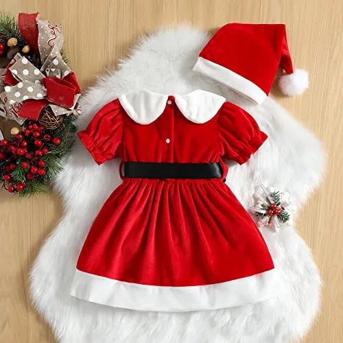 Loalirando Completo Bambina Invernale Abito di Natale Bambina Neonata Natalizio Vestiti Bambina Invernali con Cintura+Cappello di Natale per Bambini (Rosso, 6-12 Mesi)