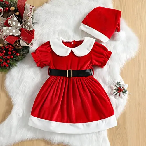 Loalirando Completo Bambina Invernale Abito di Natale Bambina Neonata Natalizio Vestiti Bambina Invernali con Cintura+Cappello di Natale per Bambini (Rosso, 6-12 Mesi)