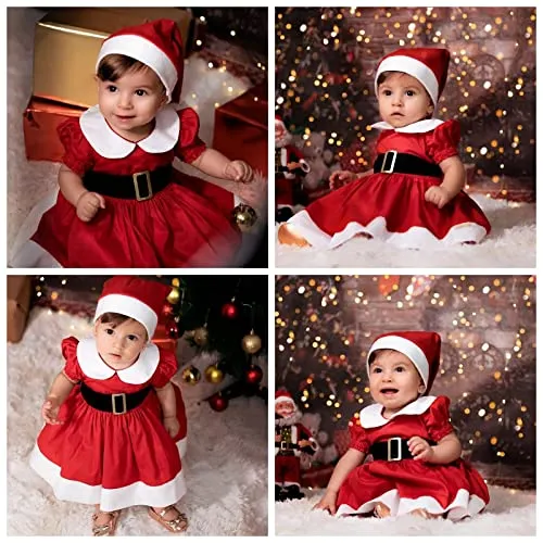 Loalirando Completo Bambina Invernale Abito di Natale Bambina Neonata Natalizio Vestiti Bambina Invernali con Cintura+Cappello di Natale per Bambini (Rosso, 6-12 Mesi)