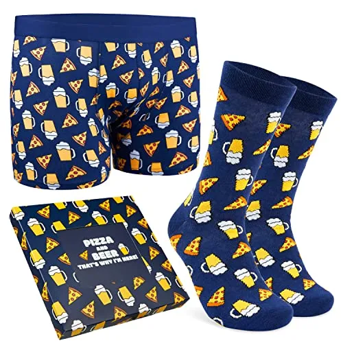 CityComfort Calzini Uomo Divertenti e Boxer Uomo Cofanetto Regalo Calze Divertenti Uomo Birra Pizza Gaming e Boxer Simpatici Uomo S-3XL Regalo Zio Amico Festa del papà Natale Befana (Navy Pizza, L)