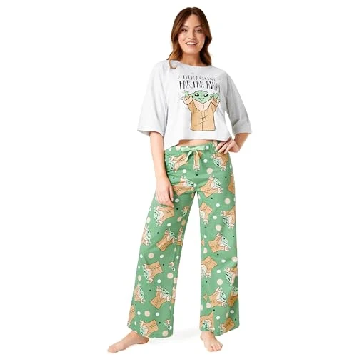 Disney Pigiama Donna - Pigiama Donna Cotone Lungo a Manica Corta S-XL Pigiami Due Pezzi - Regali Donna (Verde Baby Yoda, L)