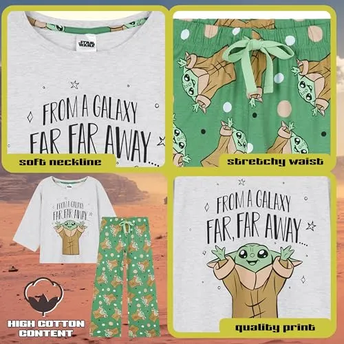 Disney Pigiama Donna - Pigiama Donna Cotone Lungo a Manica Corta S-XL Pigiami Due Pezzi - Regali Donna (Verde Baby Yoda, L)