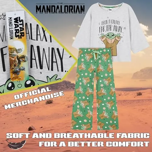 Disney Pigiama Donna - Pigiama Donna Cotone Lungo a Manica Corta S-XL Pigiami Due Pezzi - Regali Donna (Verde Baby Yoda, L)
