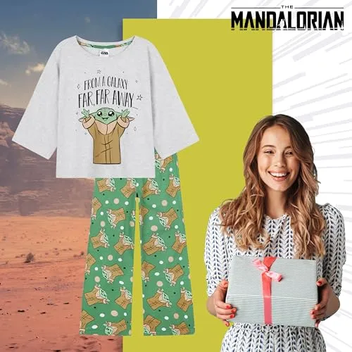 Disney Pigiama Donna - Pigiama Donna Cotone Lungo a Manica Corta S-XL Pigiami Due Pezzi - Regali Donna (Verde Baby Yoda, L)