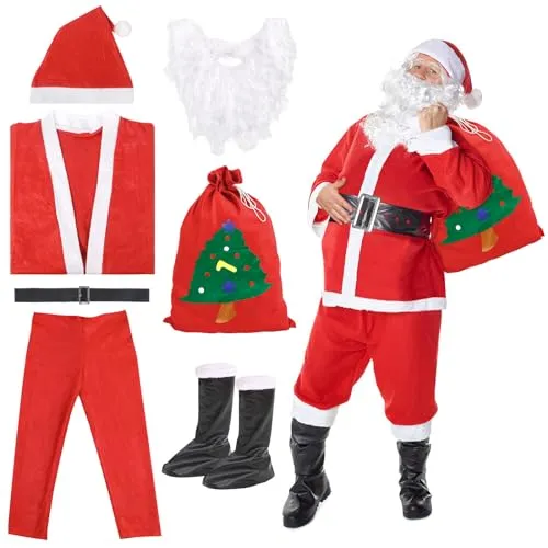JAMITE 7 Pezzi Costume da Babbo Natale per Uomo Set,Set per Costume di Babbo Natale o San Nicola,con Casacca,Pantaloni,Cintura,Cappello,Copristivali,Barba e Borsa di Regalo per Natale,Festa a Tema