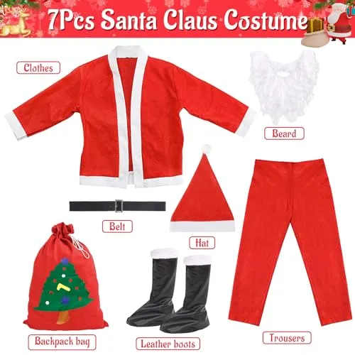 JAMITE 7 Pezzi Costume da Babbo Natale per Uomo Set,Set per Costume di Babbo Natale o San Nicola,con Casacca,Pantaloni,Cintura,Cappello,Copristivali,Barba e Borsa di Regalo per Natale,Festa a Tema
