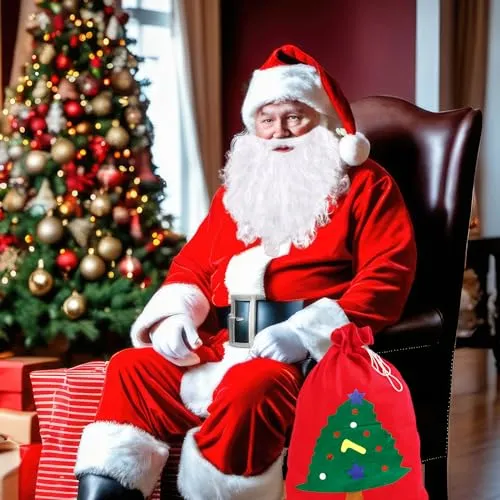 JAMITE 7 Pezzi Costume da Babbo Natale per Uomo Set,Set per Costume di Babbo Natale o San Nicola,con Casacca,Pantaloni,Cintura,Cappello,Copristivali,Barba e Borsa di Regalo per Natale,Festa a Tema