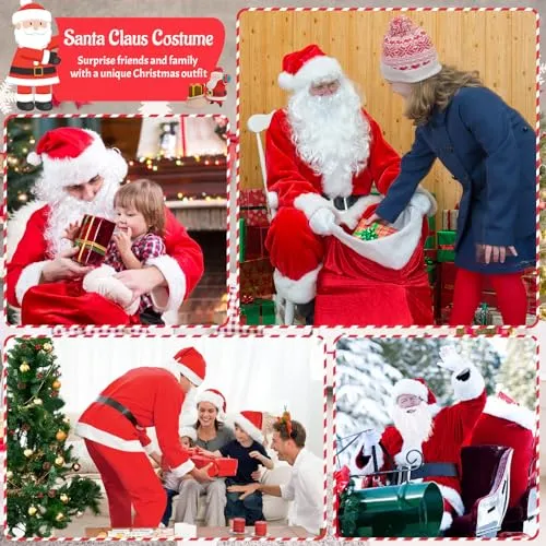 JAMITE 7 Pezzi Costume da Babbo Natale per Uomo Set,Set per Costume di Babbo Natale o San Nicola,con Casacca,Pantaloni,Cintura,Cappello,Copristivali,Barba e Borsa di Regalo per Natale,Festa a Tema