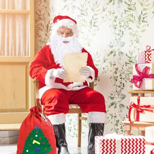 JAMITE 7 Pezzi Costume da Babbo Natale per Uomo Set,Set per Costume di Babbo Natale o San Nicola,con Casacca,Pantaloni,Cintura,Cappello,Copristivali,Barba e Borsa di Regalo per Natale,Festa a Tema