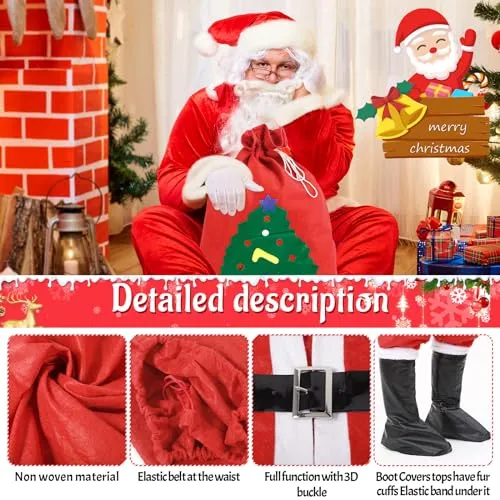 JAMITE 7 Pezzi Costume da Babbo Natale per Uomo Set,Set per Costume di Babbo Natale o San Nicola,con Casacca,Pantaloni,Cintura,Cappello,Copristivali,Barba e Borsa di Regalo per Natale,Festa a Tema
