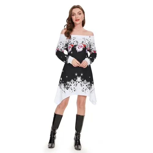 ANVIGO Vestiti di Natale Donna, Abito stampato di Natale, Abbigliamento Vatalizio Donna, Maniche lunghe con fiocchi di neve e motivi di Babbo Natale per Feste di Natale, Cene di Famiglia (L, Nero)