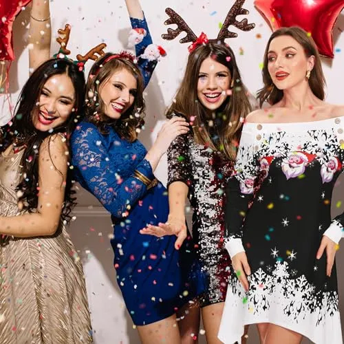ANVIGO Vestiti di Natale Donna, Abito stampato di Natale, Abbigliamento Vatalizio Donna, Maniche lunghe con fiocchi di neve e motivi di Babbo Natale per Feste di Natale, Cene di Famiglia (L, Nero)