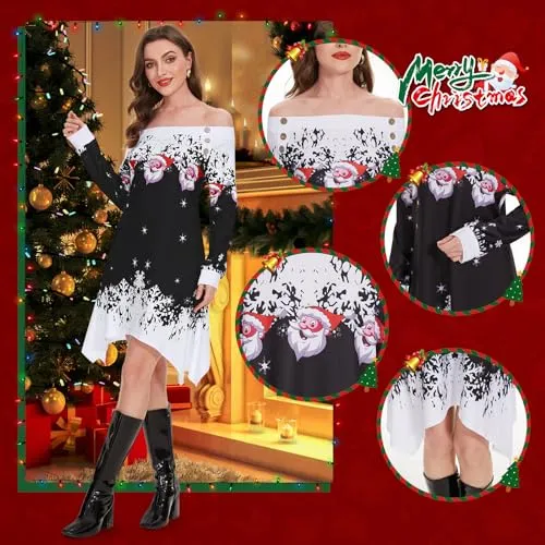 ANVIGO Vestiti di Natale Donna, Abito stampato di Natale, Abbigliamento Vatalizio Donna, Maniche lunghe con fiocchi di neve e motivi di Babbo Natale per Feste di Natale, Cene di Famiglia (L, Nero)