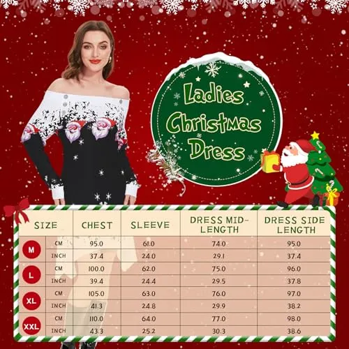 ANVIGO Vestiti di Natale Donna, Abito stampato di Natale, Abbigliamento Vatalizio Donna, Maniche lunghe con fiocchi di neve e motivi di Babbo Natale per Feste di Natale, Cene di Famiglia (L, Nero)