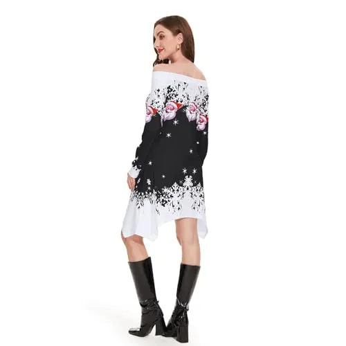 ANVIGO Vestiti di Natale Donna, Abito stampato di Natale, Abbigliamento Vatalizio Donna, Maniche lunghe con fiocchi di neve e motivi di Babbo Natale per Feste di Natale, Cene di Famiglia (L, Nero)